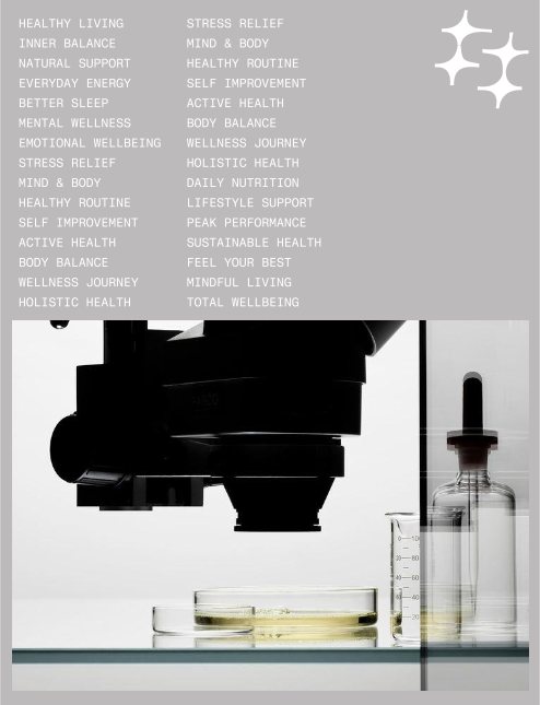 Wellness word list above a laboratory microscope
