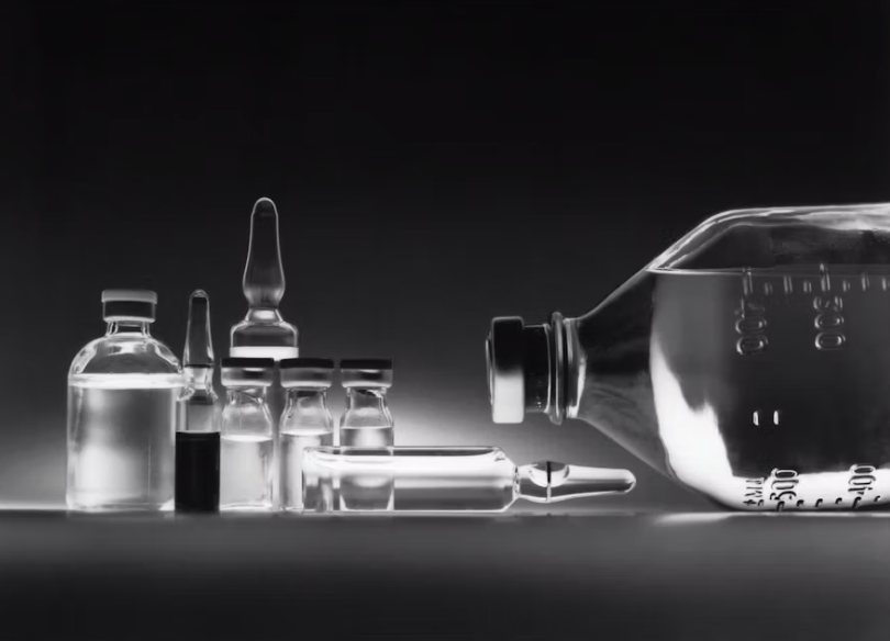 Pharmacy glassware lit in black and white
